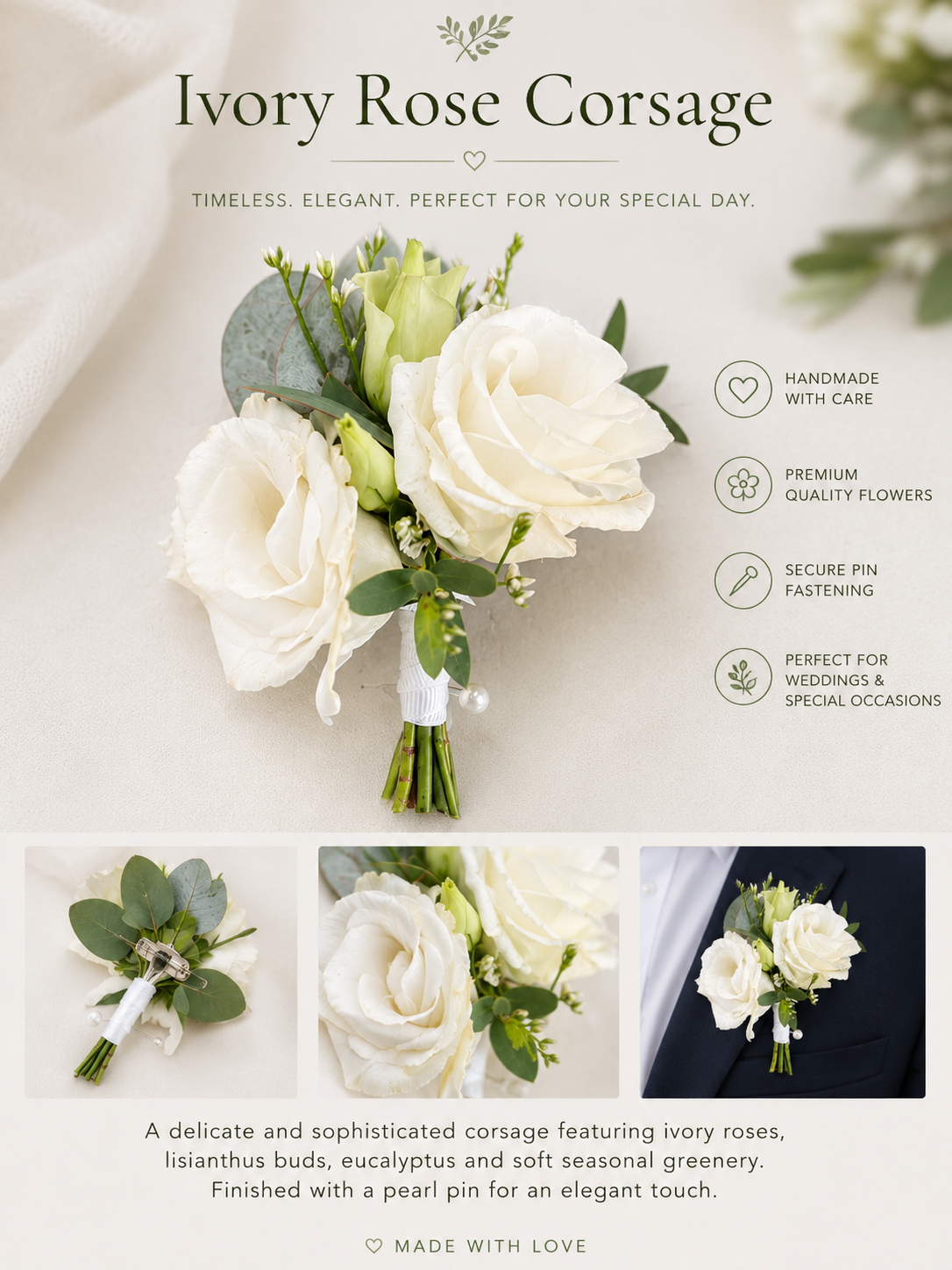 Ivory Rose Corsage featuring ivory roses, lisianthus buds and eucalyptus foliage handcrafted for weddings and special occasions.