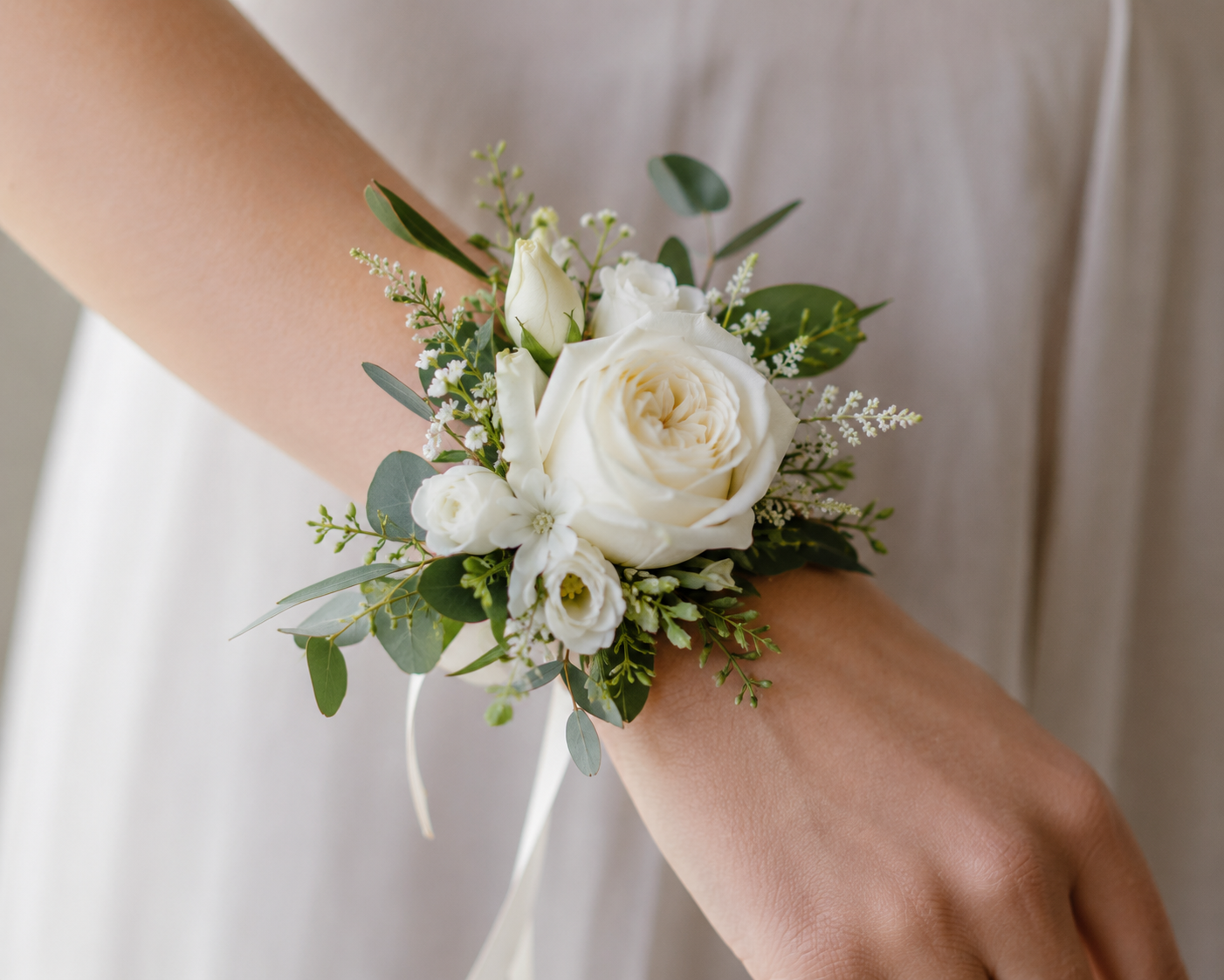 white rose, lisianthus and astilbe on a wrist corsage on a ladies wrist
