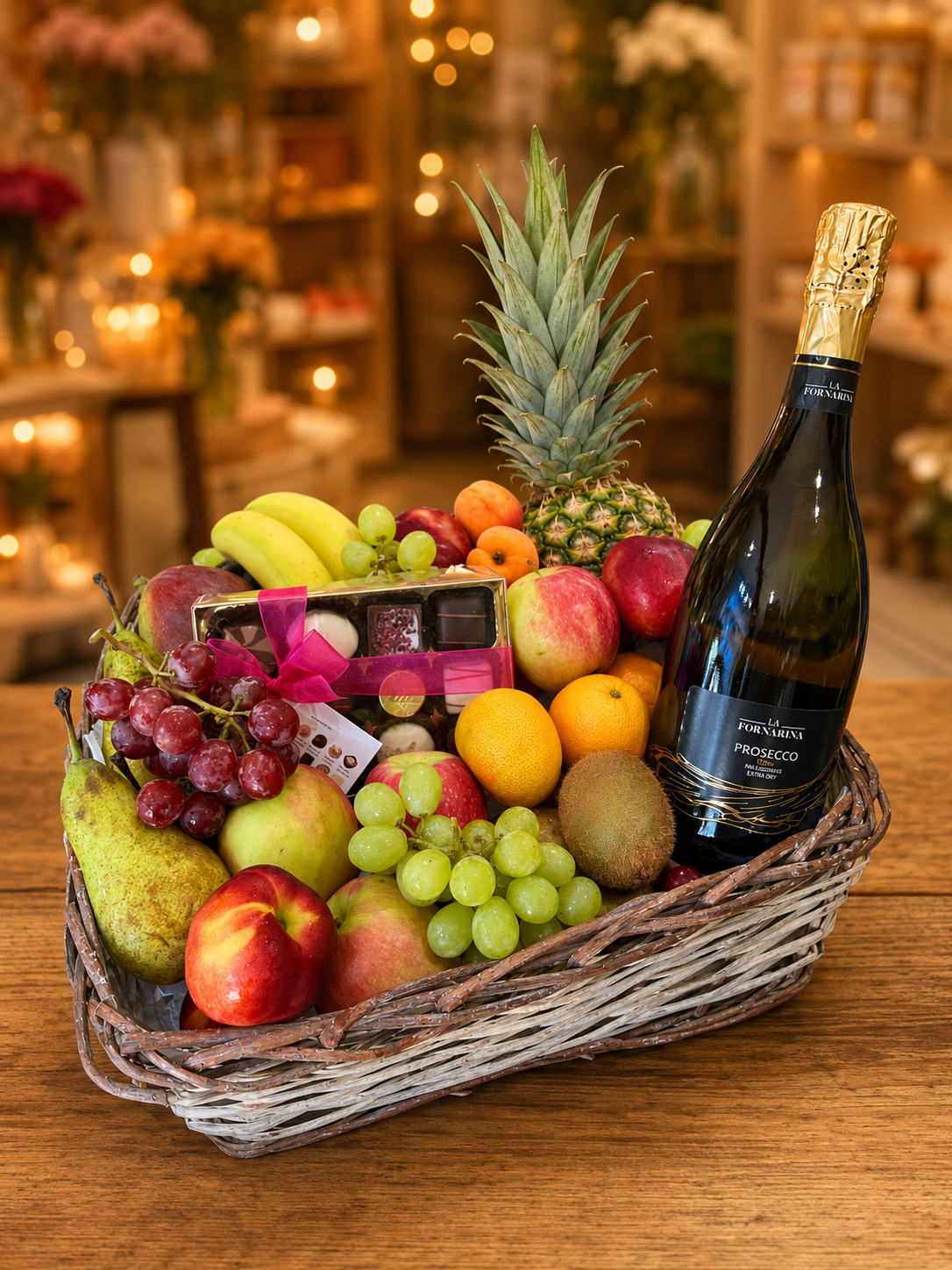 Fruit basket with a bottle of Prosecco on a wooden table.