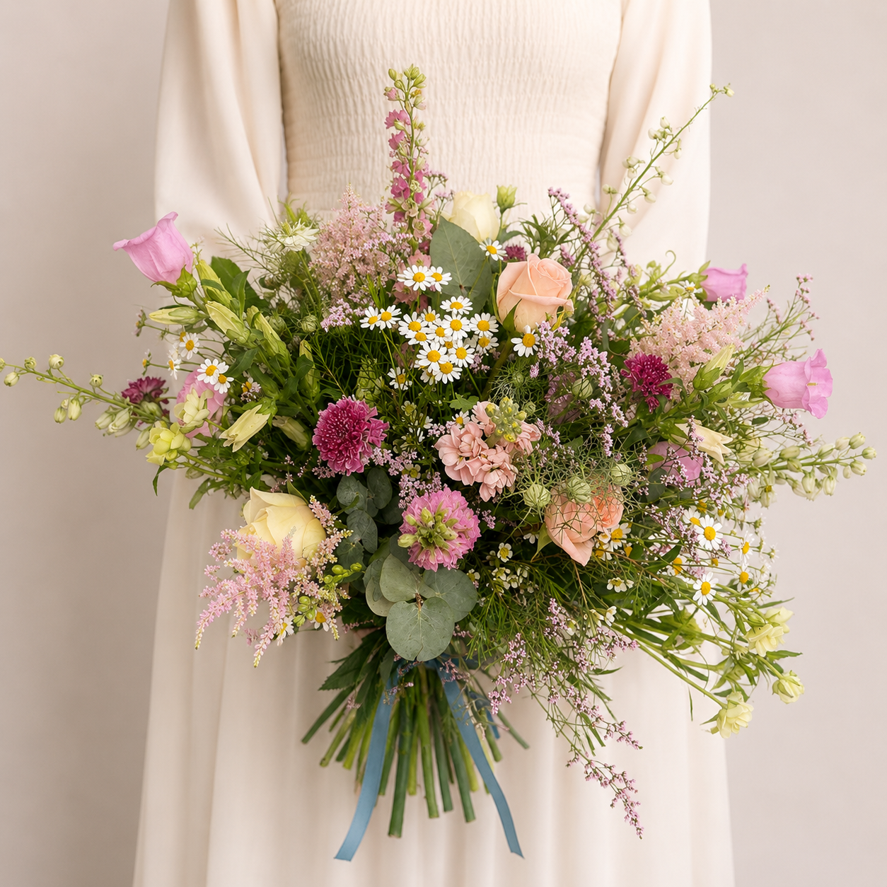 Bride holding Wildflower Meadow Bridal Bouquet featuring blush roses, chamomile daisies, campanula, astilbe and seasonal garden flowers in a natural meadow-inspired design.