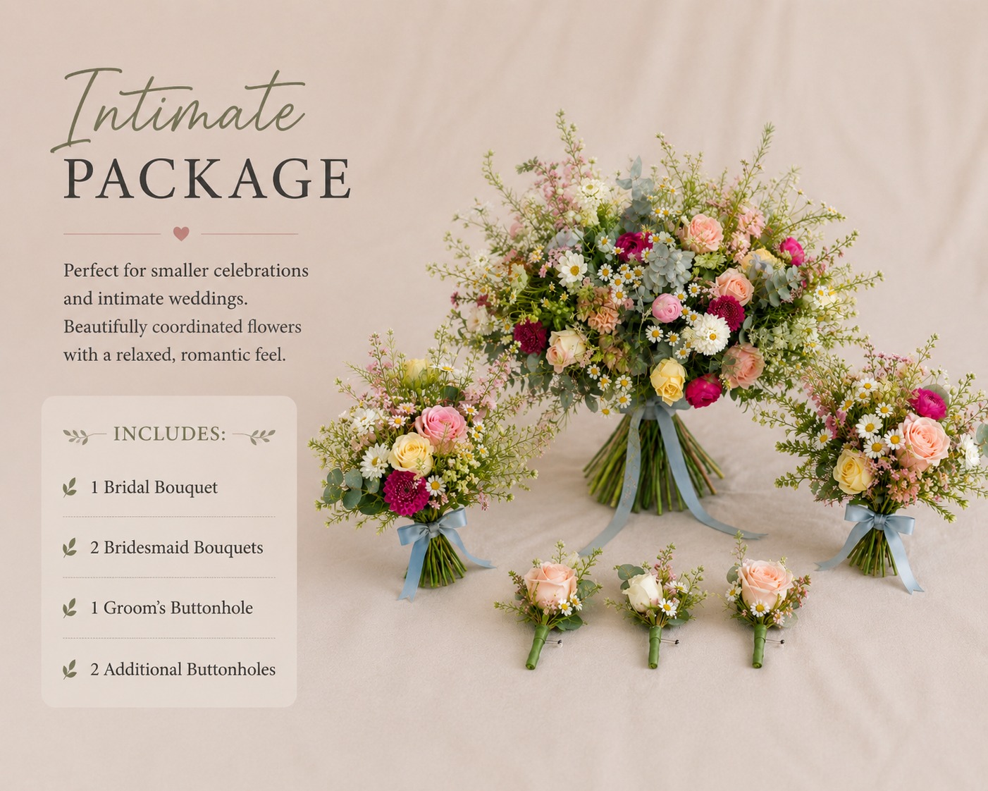 Floral package for weddings with bridal bouquet, bridesmaids' bouquets, groom's buttonhole, and additional buttonholes on a neutral background.