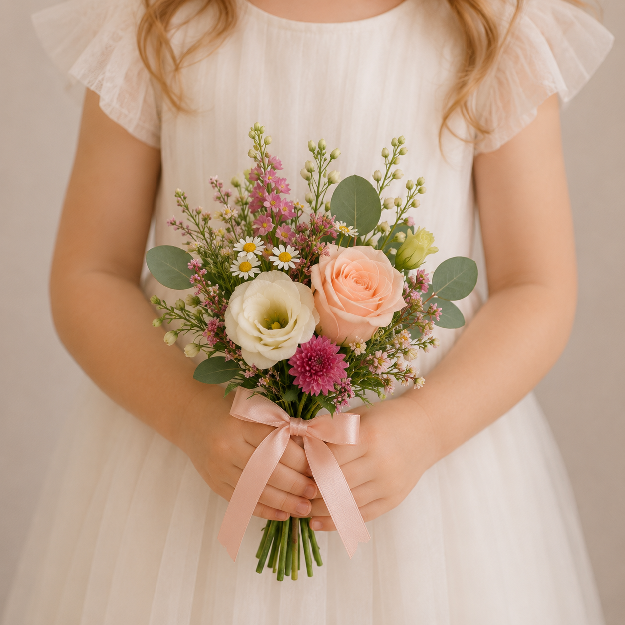 Child holding a bouquet of flowers with a plain background