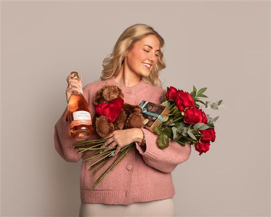 Dozen Roses Bundle With Prosecco, Premium Chocolates And Card