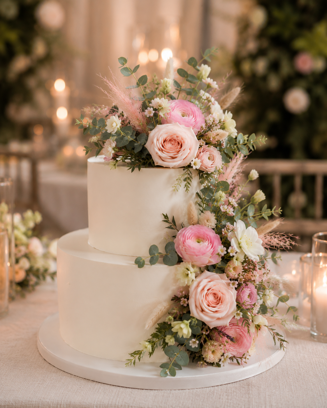 Two-tiered wedding cake decorated with pink flowers and greenery on a table with candles.