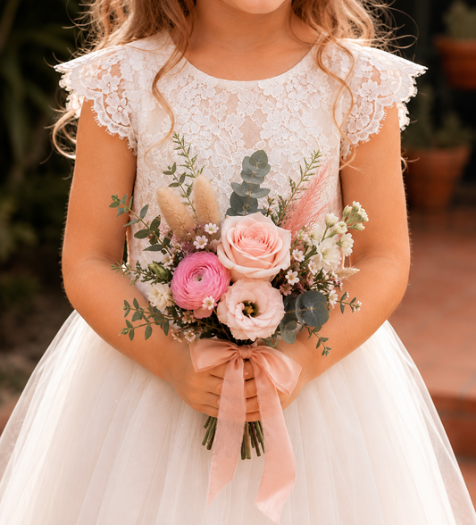 blush pink flower in. posy held by a flower girl in a white dress