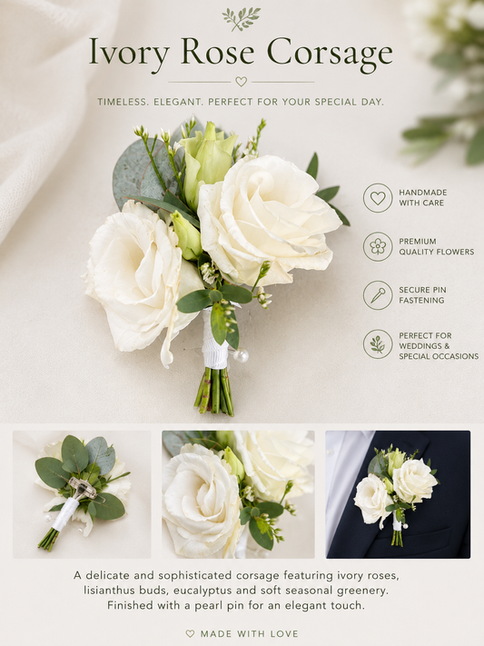 Ivory Rose Corsage featuring ivory roses, lisianthus buds and eucalyptus foliage handcrafted for weddings and special occasions.