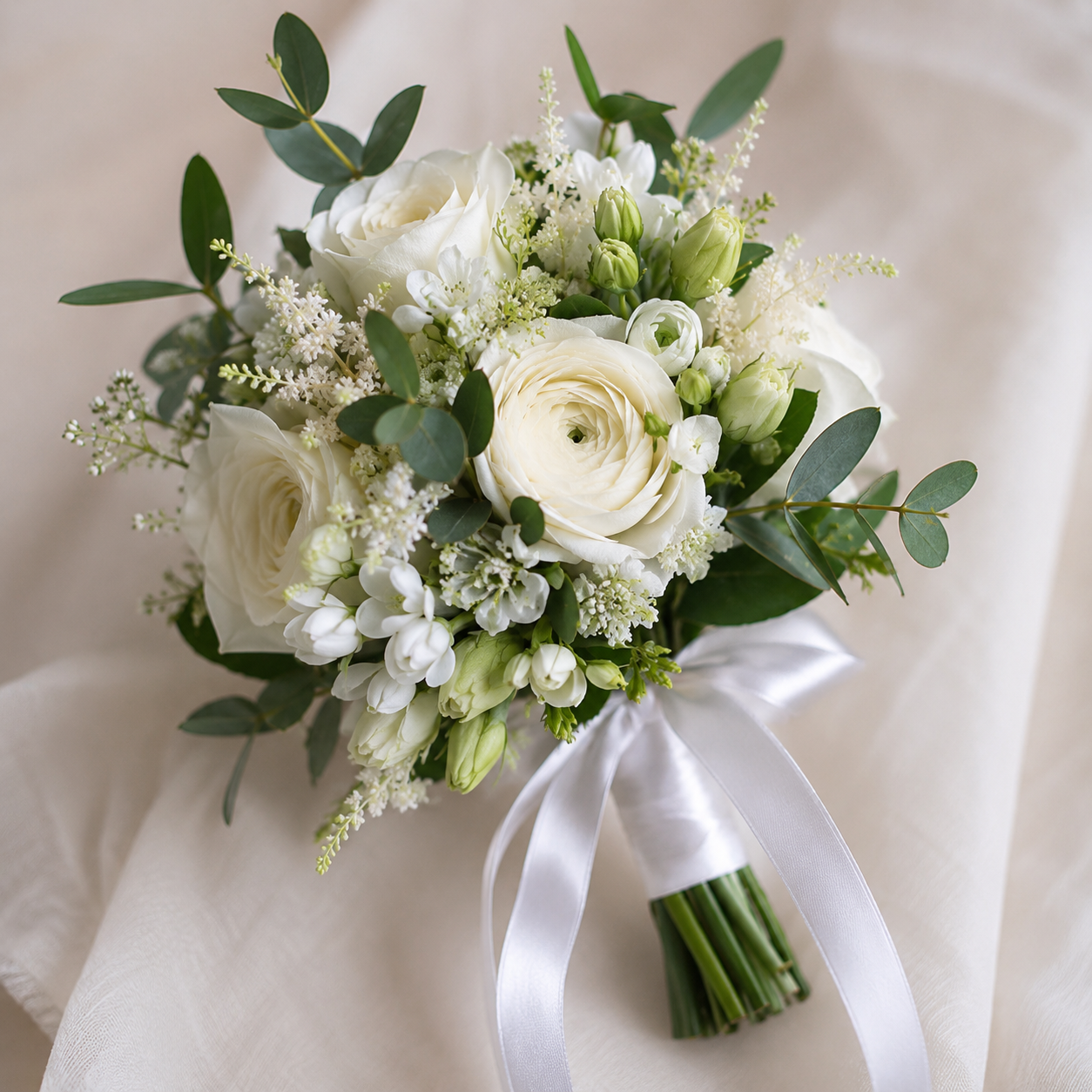 Bouquet of white and green flowers with a white ribbon on a beige background