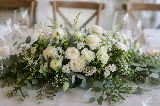 Floral arrangement on a table with white tablecloth