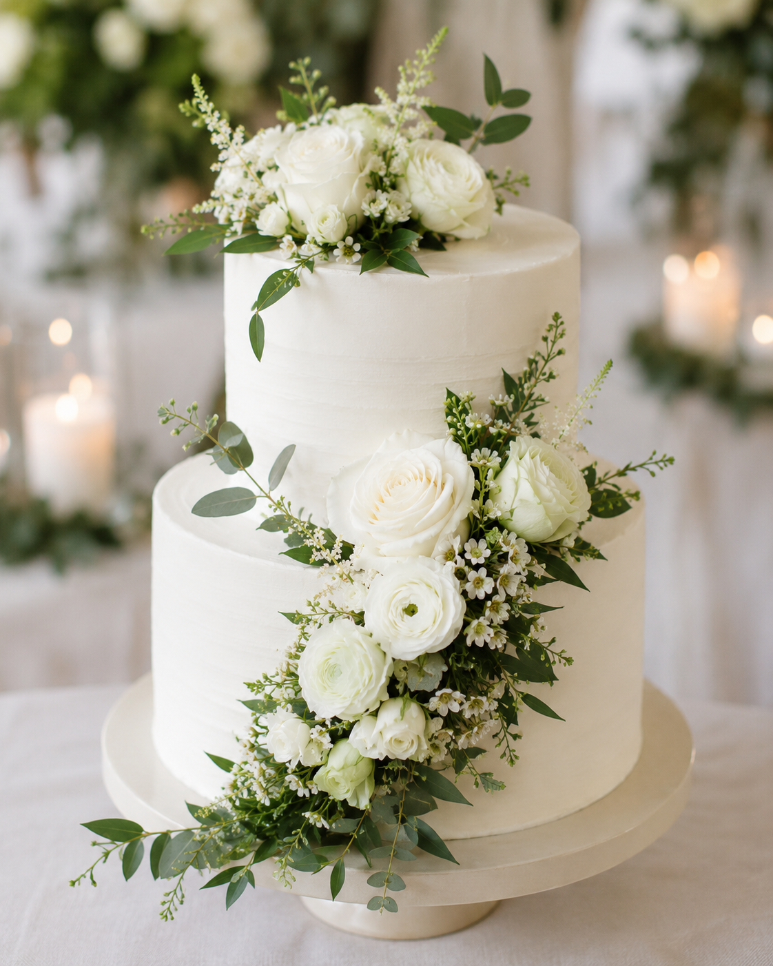 white flowers on a wedding cake 