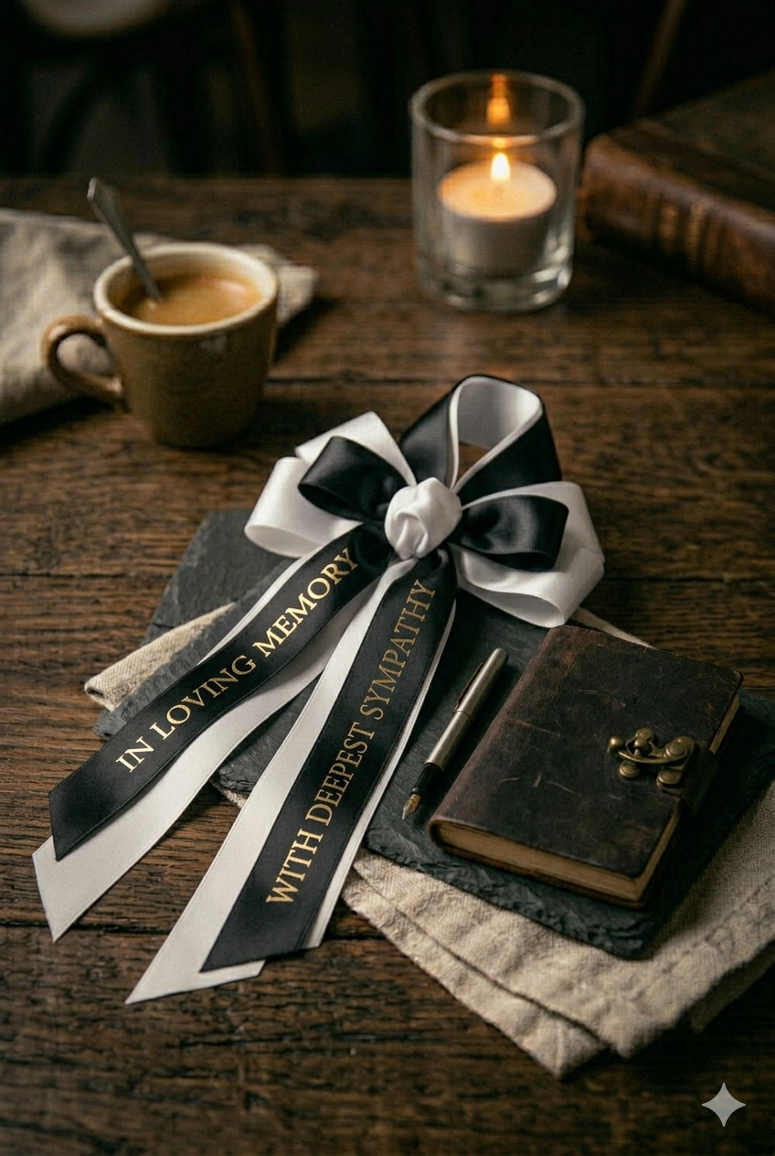 Funeral Condolence Ribbon – White & Black Satin Memorial Ribbon