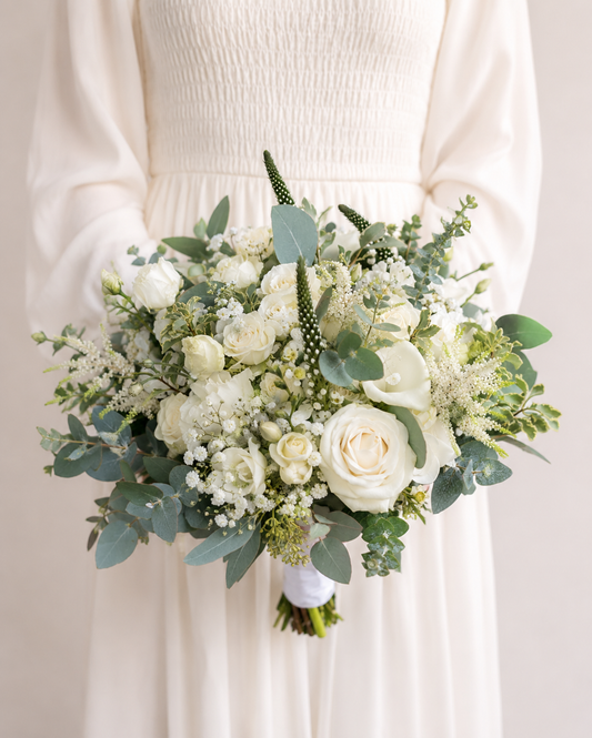 a bride in white holding a simple beautiful white ivory and green bridal bouquet with roses astilbe and eucalyptus 