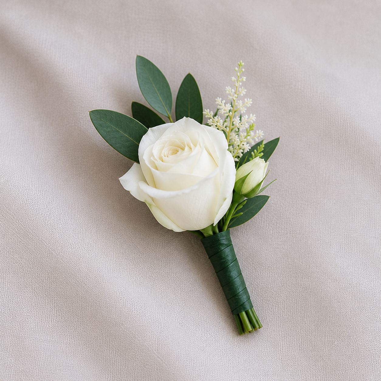 White rose buttonhole with green stem