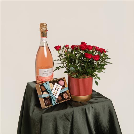 Bottle of pink champagne, box of chocolates, and vase of red roses on a dark surface with a light background