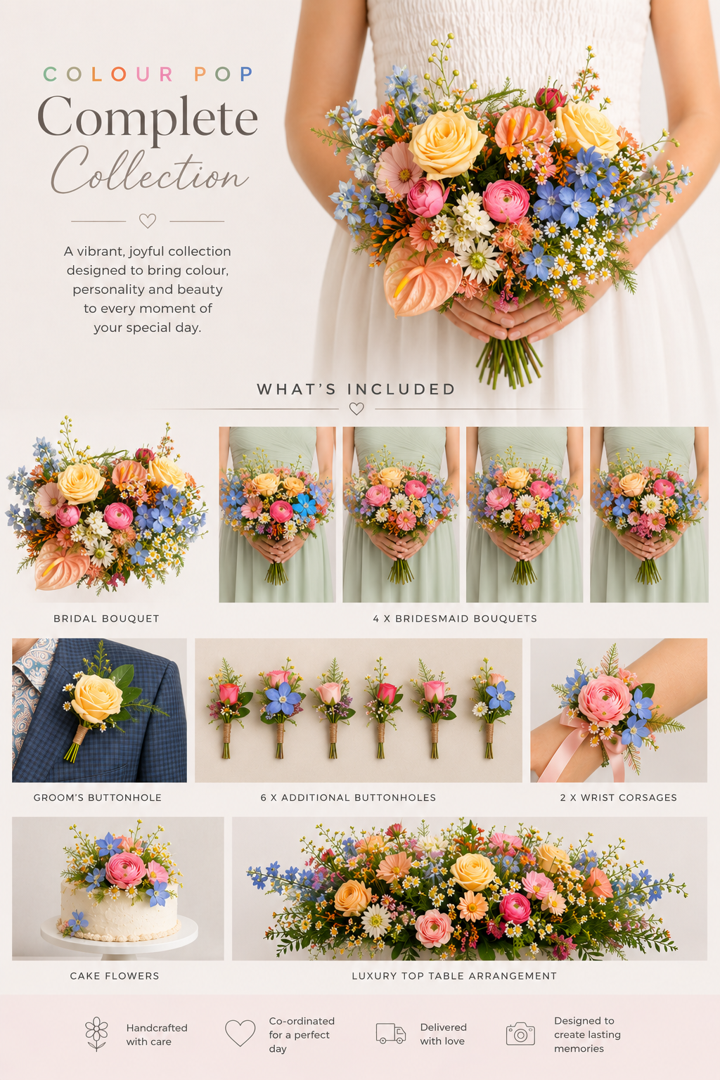 Range of pastel colourful wedding flowers cake flowers and table arrangements 