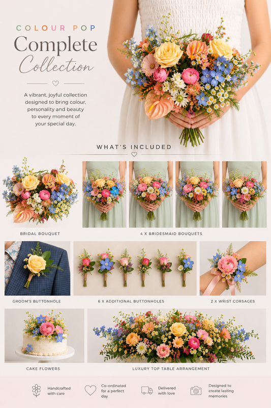 Range of pastel colourful wedding flowers cake flowers and table arrangements 