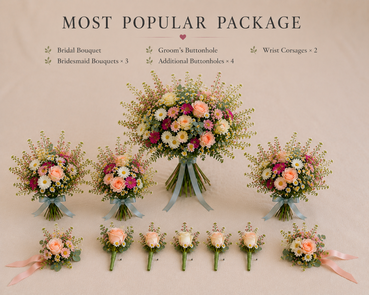 Wedding flower package with bridal bouquet and various boutonnieres on a beige background