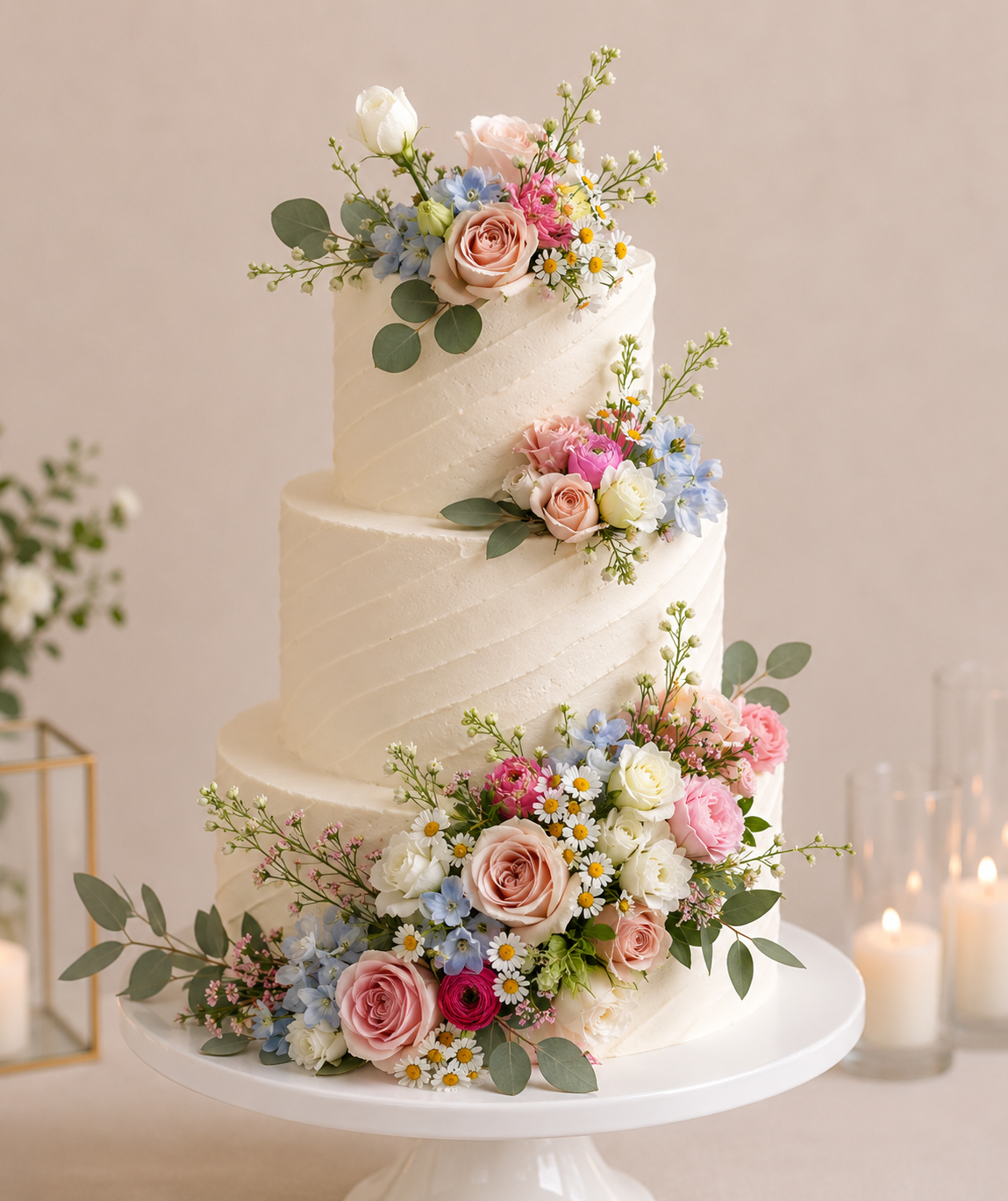 Three-tiered wedding cake decorated with flowers on a white stand.