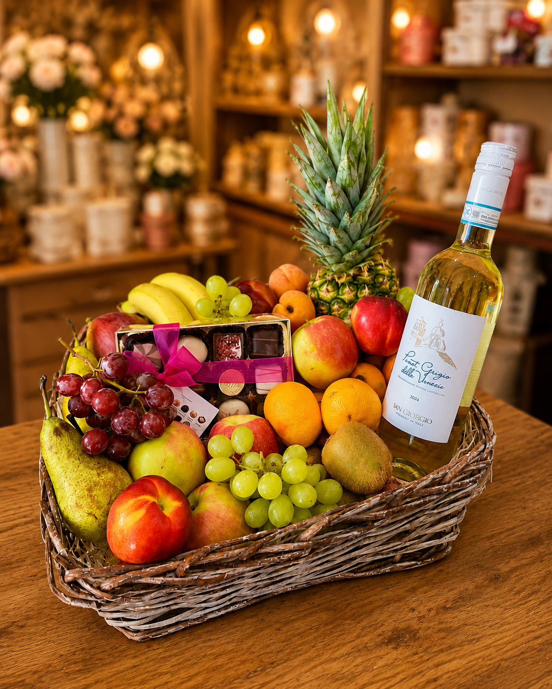 Fruit basket with a bottle of white wine on a wooden table in a store setting.